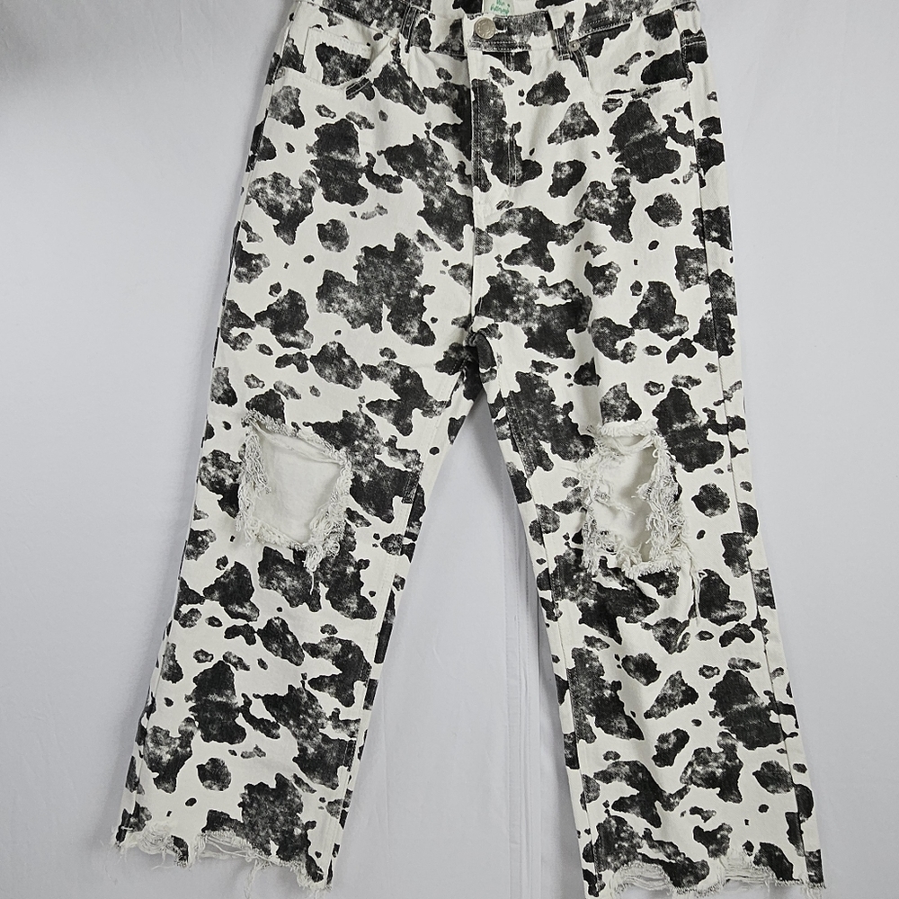 NWT Blue Buttercup Factory distressed cow print pants size large